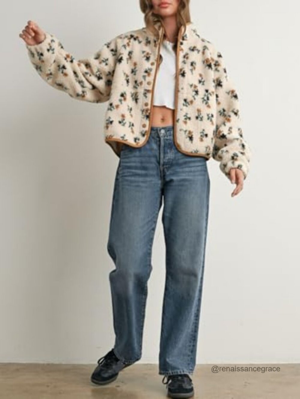 Women's Floral Print Fleece Jacket Snap Button Winter Teddy Cozy Casual - Picture 6 of 7